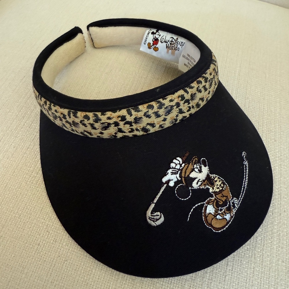 Walt Disney World Black Leopard Trim Golf Visor with Embroidered Character
